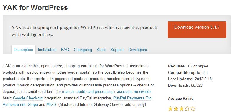 YAK shopping cart Plugin for WordPress