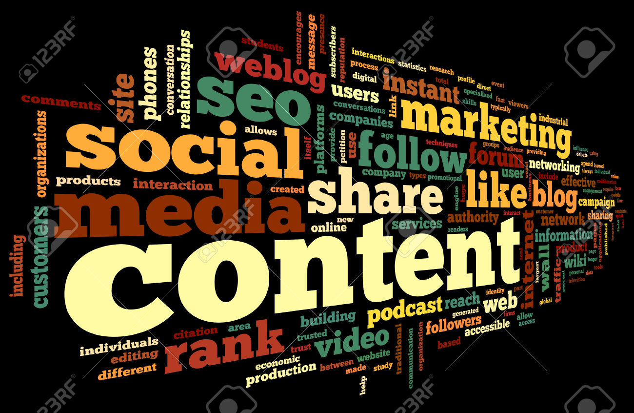 Content and Social media concept in word tag cloud on black background